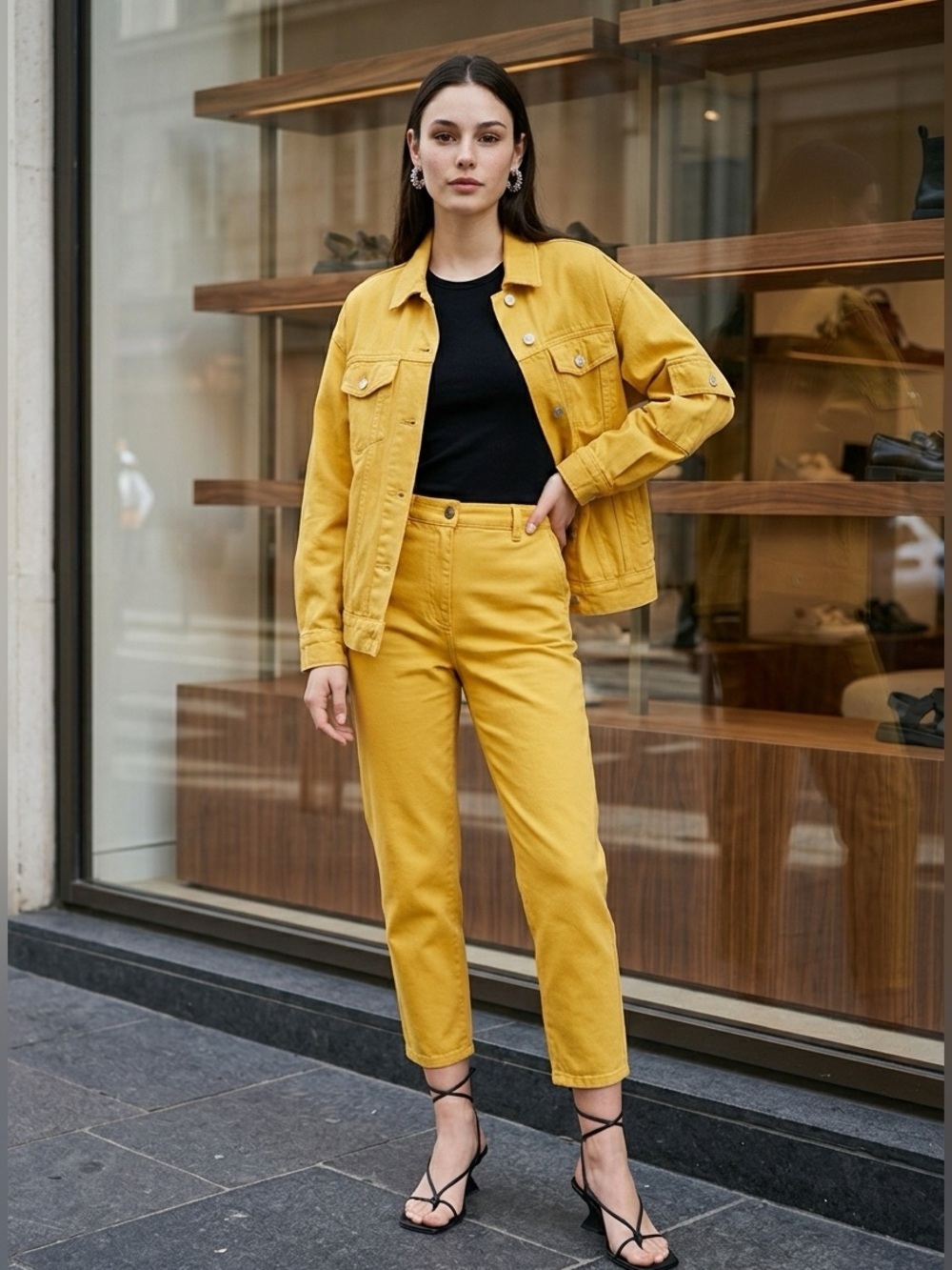 NWT Nocturne Women’s Yellow High Waisted Cropped Jeans Side Bead Detail- Size L